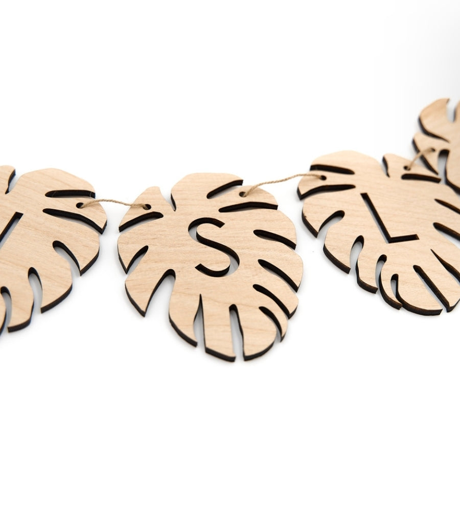 Wood Monstera Leaf Name Banner